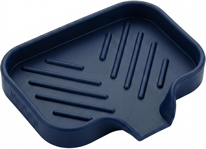 MicoYang Silicone Soap Dish with Drain Spout, Self-Draining Sink Organizer Tray for Bathroom and Kitchen, Sponges, Dispensers & Soap Holder, Non-Slip & Dishwasher Safe, Navy Blue (Compact, 4.9"×3.2") by MicoYang