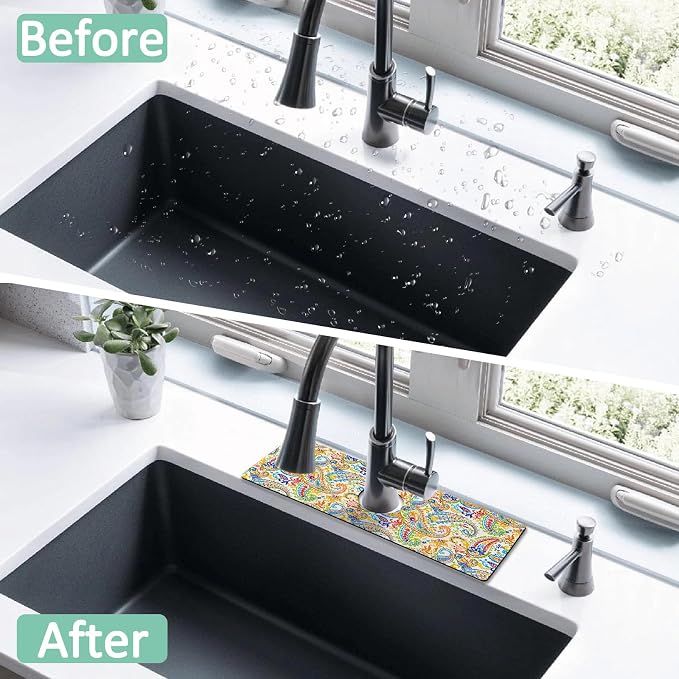 Kitchen Sink Splash Guard Faucet Mat 24" X 5.5" Paisley Absorbent Fast Drying Mat Faucet Draining Mat Sink Splash Guard Behind Faucet Drip Catcher for Kitchen Bathroom - Image 7