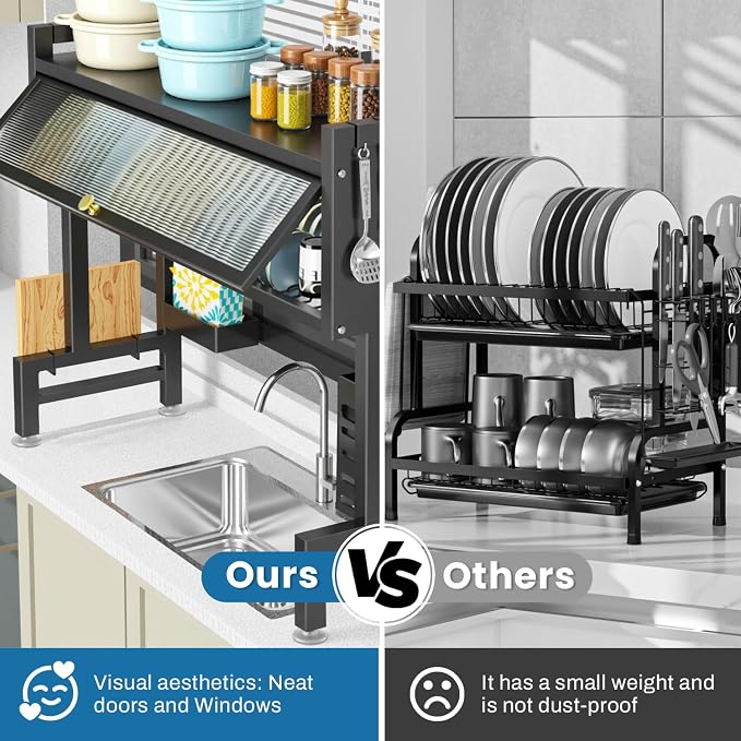 Over the Sink Dish Drying Rack – 3 Tier with Cover, Space-Saving Dish Drainer Organizer for Dishes, Glasses, Bowls & Cutlery, Tidy Kitchen Counter Storage Solution - Image 8