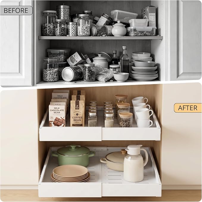 DOMNIU 2 Pack Pull Out Cabinet Organizers Expandable Width (12.4''-20.27'') | Upgrade 3 Slide Rails Sliding Drawer for Kitchen Cabinet Organizer with Adhesive Nano Film, White - Image 4