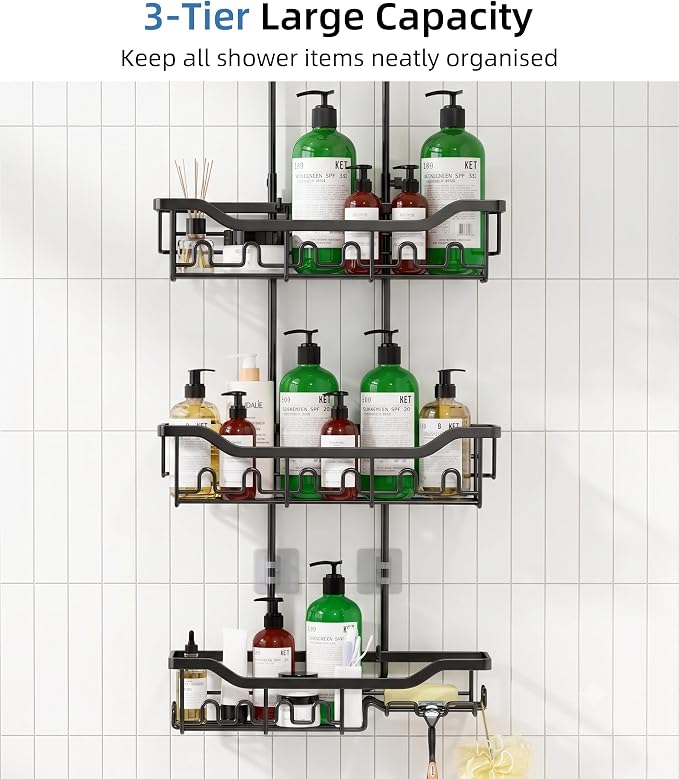 Adjustable Shower Caddy Hanging, Extended Length Organizer Over Shower Head, 3 Tier Long Neck Shower Rack with Soap Holder for Large Storage, Black - Image 6