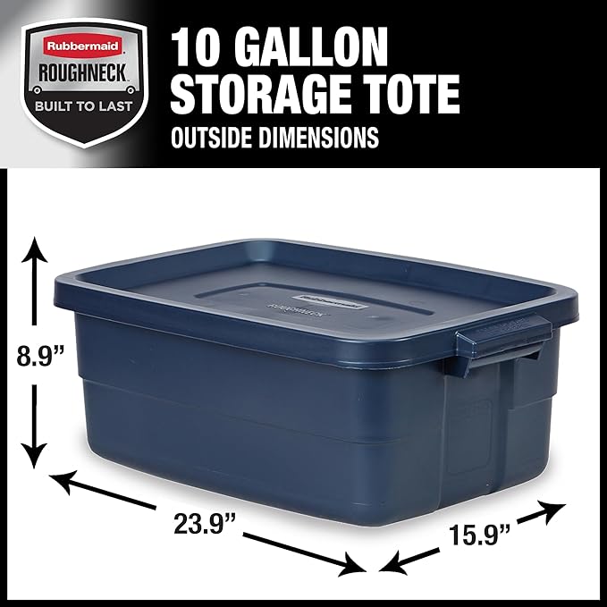 Rubbermaid Roughneck Tote 10 Gal, 8 Pack, Made in USA, Dark Indigo Metallic, Rugged Plastic Stackable Storage Bins with Lids and Handles - Image 2