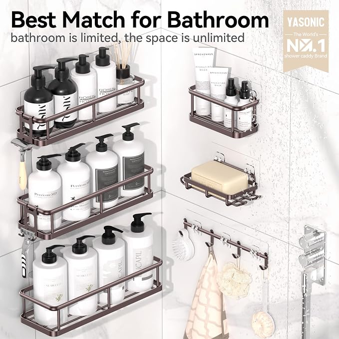 Shower Caddy Adhesive, Rustproof Shower Organizer with Soap Holder, Large Capacity Shower Shelves for Inside Shower, No Drilling Bathroom Organizers and Storage for Home Decor（6 Pack Bronze） - Image 2