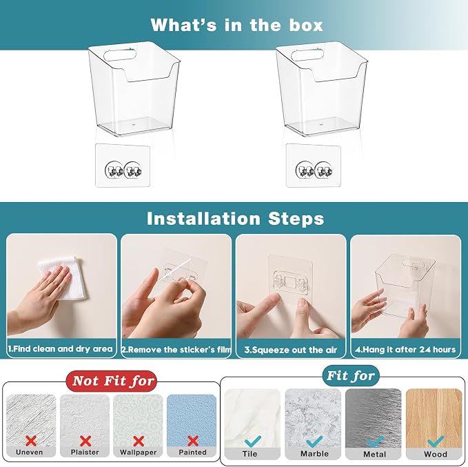 2-Pack Adhesive Cabinet Door Organizer, Hanging Storage Bins, Stick on Small Wall Basket, Bathroom Makeup Organizer, Inside Under Cabinet Storage Container for Kitchen, Pantry Organizer, Office, Dorm - Image 8