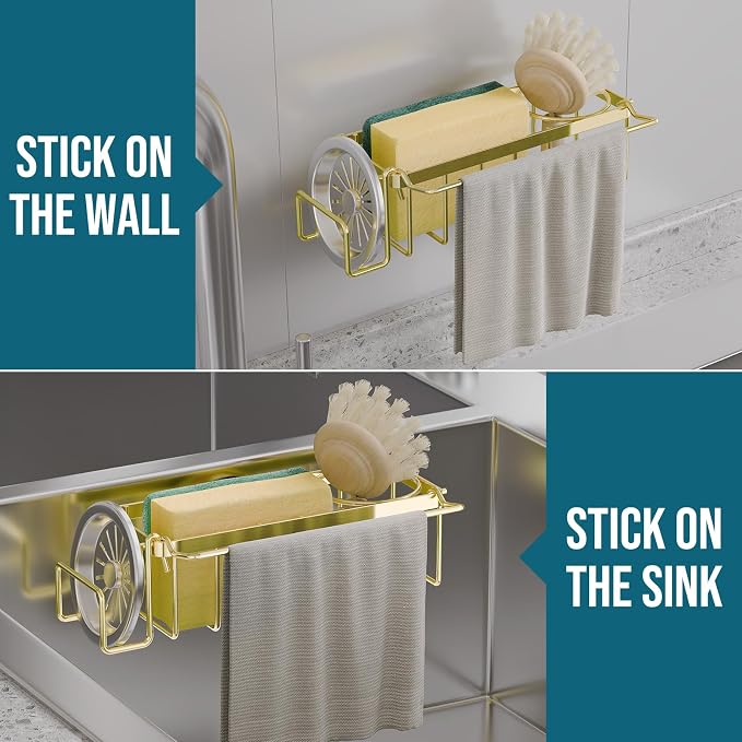 TAILI 4-in-1 Sponge Holder for Kitchen Sink with Strong Suction Cup-Gold | Removable Rustproof 304 Stainless Steel Multi-compartment Sponge Holder with Suction Cup, Keeps Brushes & Scrubbers Tidy - Image 7