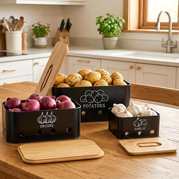 3 Pack Potato Onion Garlic Storage Set, Bamboo Lids | Metal Vegetable Storage Bins with Vents, Large Capacity Canister Black Food Container for Kitchen, Pantry - Image 6