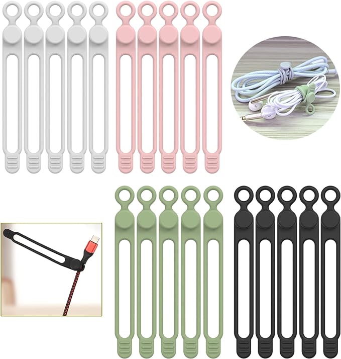 UMUST 20Pcs Silicone Cable Ties, Cable Management Cord Organizer Multicolor | Reusable Cord Ties, Cable Strap Tie for Bundling Electronics Wire,Home Office Travel Essentials Accessories 4.2inch by ELECTRONICACCESSORIES