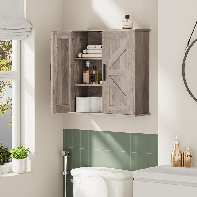 Homleke Bathroom Wall Cabinet, Medicine Cabinet with Adjustable Shelves | 3-Tier Wall Mounted Over Toilet Storage with Barn Doors, for Bathroom, Kitchen, Entryway, Laundry Room, Greige, (7.9" D) - Image 2