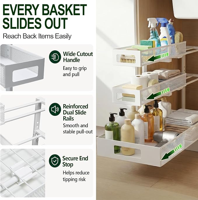3 Tier Under Sink Organizer,1 Pack Pull Out Cabinet Shelves with Adjustable Height,Heavy Duty Carbon Steel L-Shaped Storage for Kitchen Bathroom Sink,Pantry & Laundry,White - Image 3