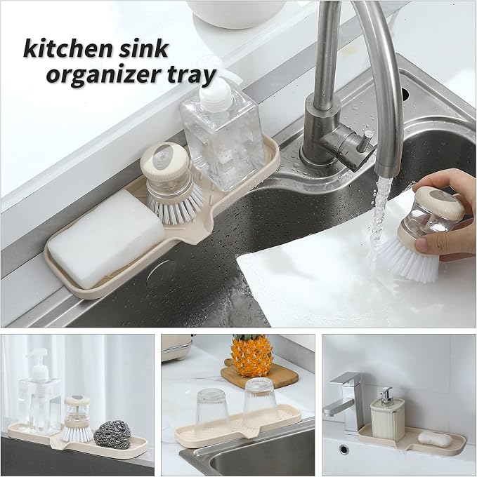 MicoYang Silicone Soap Dish with Drain Spout — Self-Draining Double Sink Organizer Tray for Kitchen & Bathroom, Dispensers, Sponges & Soap Holder, Non-Slip & Dishwasher Safe, Tapioca (Large, 12"×4") - Image 5