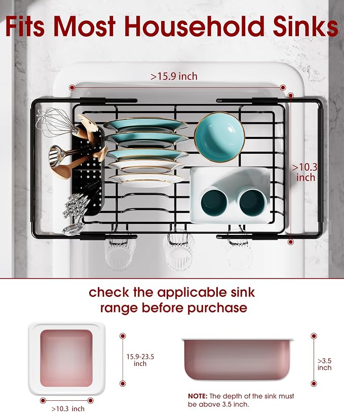 Sakugi Dish Drying Rack in Sink - Expandable Stainless Steel Dish Rack Over the Sink, Kitchen Sink Drain Strainer with Cutlery Holder & Cup Holders, 15.4 x 9.8 x 3.0 Inch, Black - Image 3