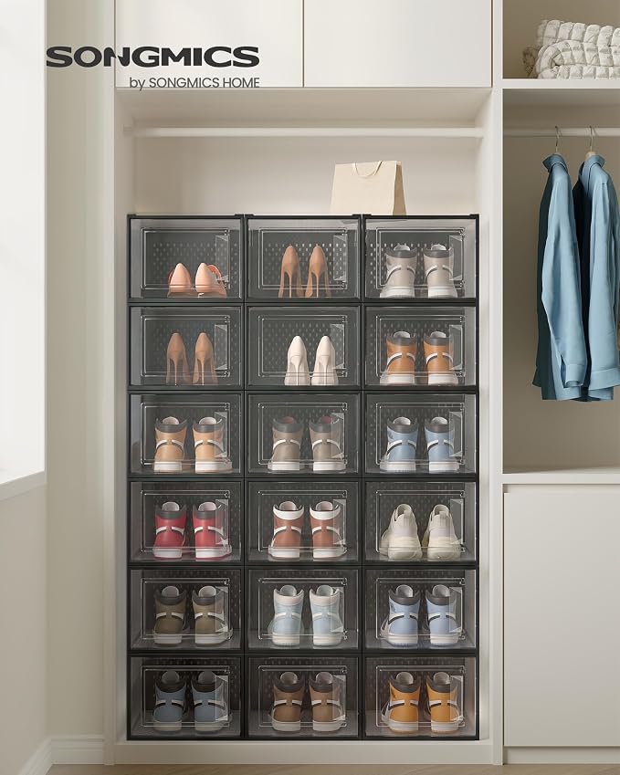 SONGMICS Shoe Boxes, Pack of 18 Shoe Storage Organizers, Stackable Clear Plastic Boxes for Closet, Sneakers, 13.7 x 9.9 x 7.4 Inches, Transparent and Black ULSP007B18 - Image 2