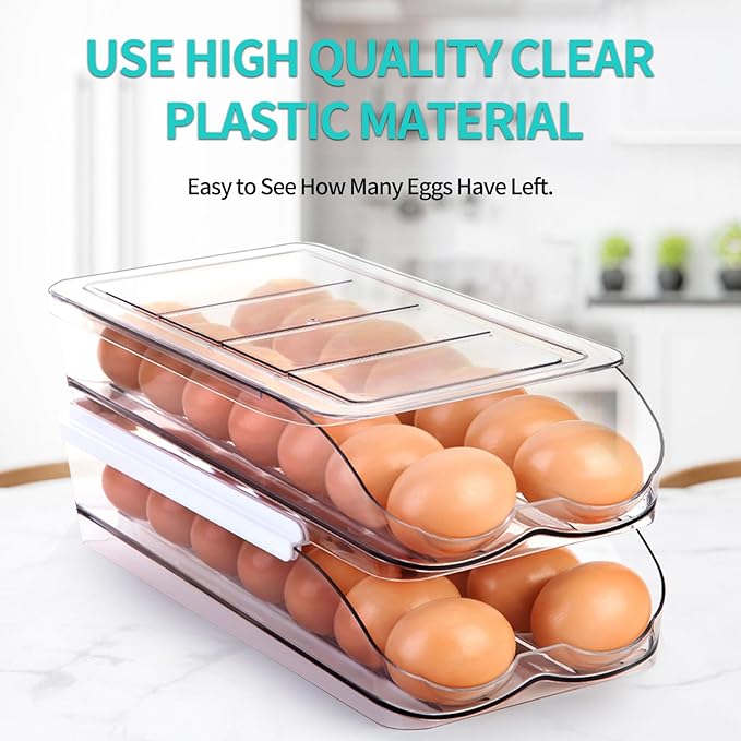 RoskDeewat Egg Holder for Fridge, Automatic Rolling Egg Container -1 Tier | Stackable Fridge Organizers and Storage with Lid, Sturdy Clear Plastic Egg Dispenser & Tray for Refrigerator - Image 4