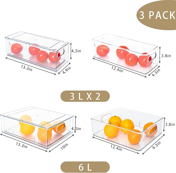 Set of 3 Stackable Refrigerator Organizer Bins Pull-Out Drawers for Fruit and Veggies Divided Storage Organizer for Fridge Clear Drawer Containers with Handle for Produce Saver, Eggs, Snack - Image 3