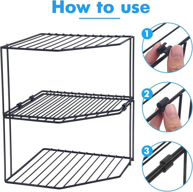 AKAZA 2Pcs 2-Tier Corner Stackable Organizer Shelf for Kitchen - Cabinet Storage Shelf Rack, Shelves，Kitchen Counter and Cabinet Shelf, Storage Rack Organizer (Black) - Image 5