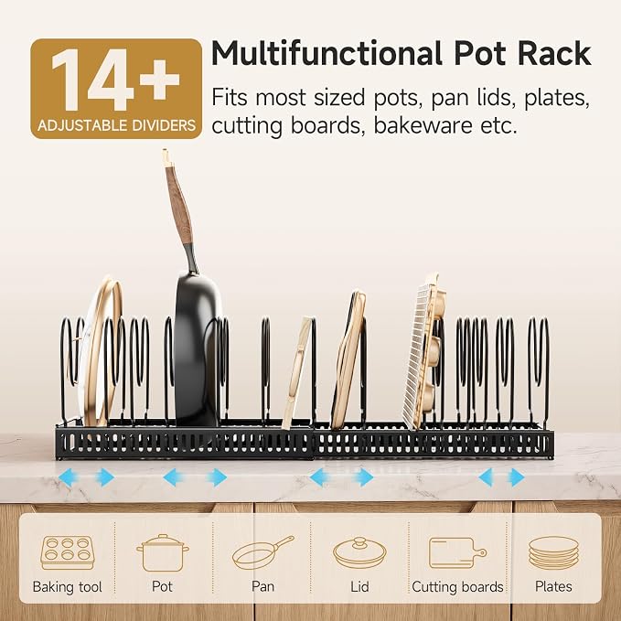 MUDEELA Pot Lid Organizer for Cabinet, Expandable Baking Pan Rack 14 Slots | 11.8–22.9" Expandable, 14 Adjustable Divider, Tool-Free Assembly, Non-Slip, Scratch-Proof, For Pan Lid Cutting Board Bakeware - Image 4