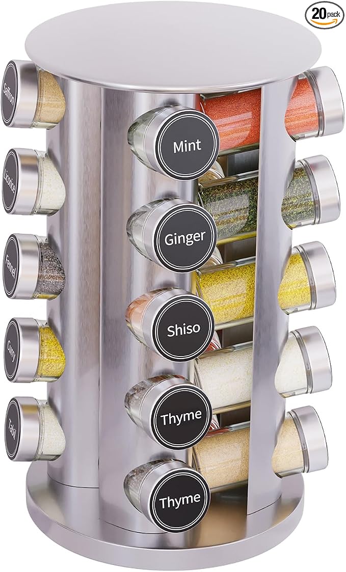 Revolving Spice Rack Set with 20 Spice Jars, Kitchen Spice Tower Organizer for Countertop or Cabinet - Carousel Storage Includes 386 Spice Labels (Silver) by NewEnglandStories