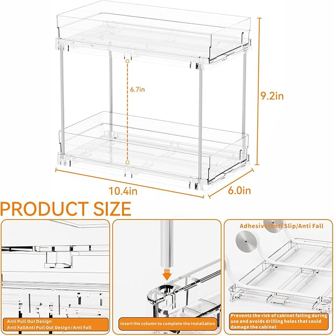 2 Tier Pull Out Cabinet Organizer and Medicine Cabinet Storage for Supplement,Vitamin,Medication and Pill Bottle,10.4" Deep Pantry Organizers Drawer,Under Sink Organizer for Bathroom,Cupboard - Image 3