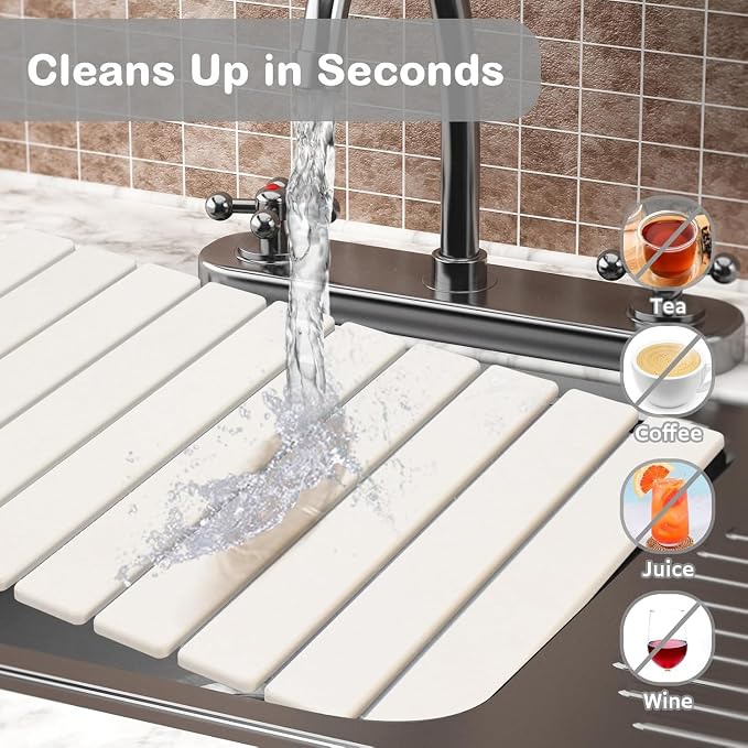 Large Stone Dish Drying Mat for Kitchen Counter, Quick Dry Dish Drying Mats, Foldable Absorbent Diatomaceous Earth Mats for Plate Rack Bottles Cups, Match Any Countertop (White 24"×16" & 8"x4") - Image 4