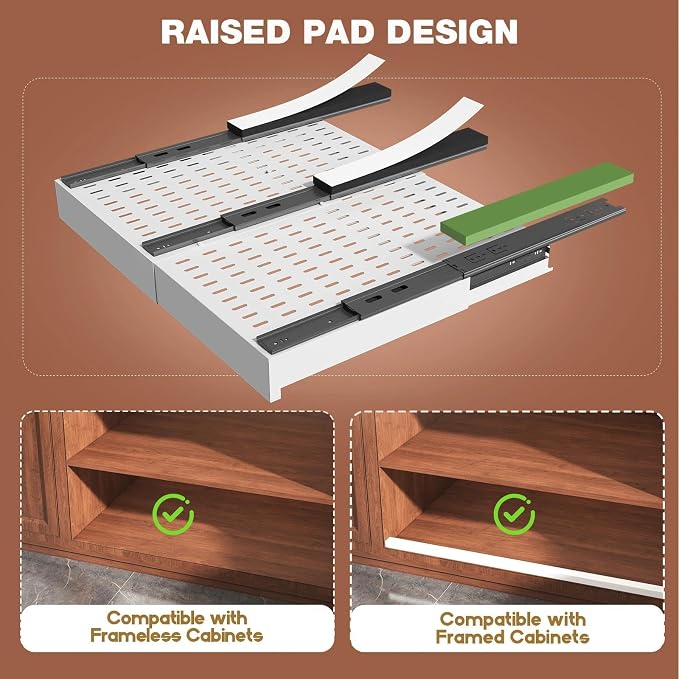 Seinloes 4 Pack Pull Out Cabinet Organizer Expandable Width(15"-25") and Depth(17"-24"),Slide Out Drawers With Raising Pad for Framed Cabinets,No Drill Roll Out Shelves for Kitchen,Bathroom,White - Image 4