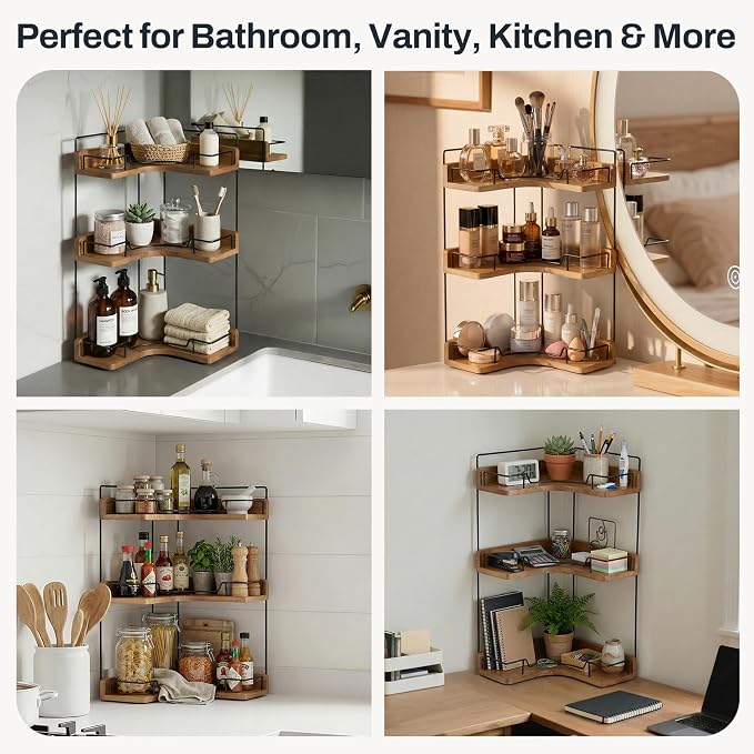 3-Tier Bathroom Counter Organizer, Wooden Corner Shelf for Vanity Countertop Skincare & Makeup, Storage and Organization for Kitchen - Image 7