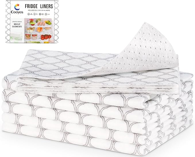 Cooyes Non Slip Refrigerator Liners, 2-in-1 Fridge Mats and Fresh-Keeping Shelf Liners, Absorbs Excess Moisture, BPA-Free, Multiple Sizes for Glass Shelves Kitchen Cabinets Drawers, 6 Pack, 12" × 24" by Cooyes