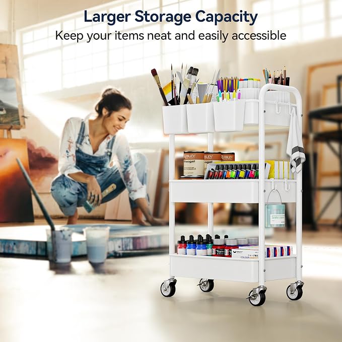 3 Tier Rolling Cart, Heavy Duty Metal Utility Cart with Wheel White | Sturdy Rolling Storage Cart With Hooks & Hanging Cups, Great For Craft, Art Workspace, Kitchen ,Snack And Office Storage - Image 4