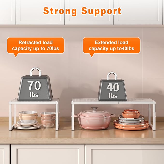 Shelf Organizer Riser For Cabinet Pantry Kitchen Countertop Cupbaord Closet | Expandable Width, Adjustable Height, Stackable As 2-Tier Shelf Rack, Snap-Button: Easily Adjust Height, Heavy Duty Metal - Image 6