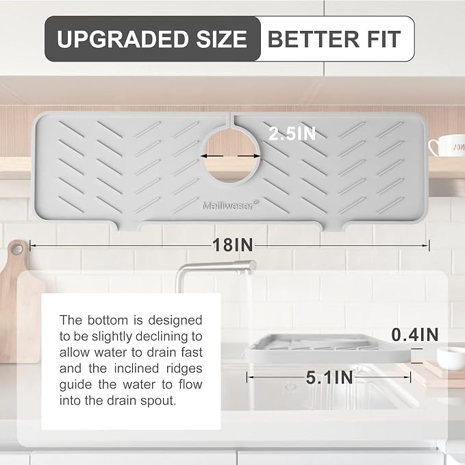 Silicone Faucet Mat for Kitchen Sink – Gen 2 Splash Guard with Upgraded Outlet & Slope – 18” x 5.1” Water Catcher & Sink Sponge Holder for Kitchen and Bathroom (Gray) - Image 2