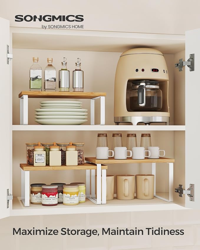 SONGMICS Cabinet Organizer Shelf, Set of 3 Spice Rack, Kitchen Storage | Kitchen Counter Shelves, Kitchen Storage, Spice Rack, Light Bamboo and Matte White, BYSTRO Collection UKCS014W01 - Image 2