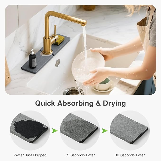 Premium Stone Faucet Mat for Kitchen Sink, 15.8" x 4" Dark Gray | Quick Drying & Water Absorbent, Sink Splash Guard Tray for Prevents Moisture Buildup - Image 4