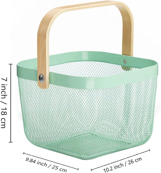 AJIODA Metal Mesh Steel Basket, Storage Organizer Basket Multi-functional Hanging Kitchen Baskets Fruit Basket with Wooden Handle for Kitchen Bathroom Picnic Shopping Decor Cabinet Home, Macaron Blue - Image 2