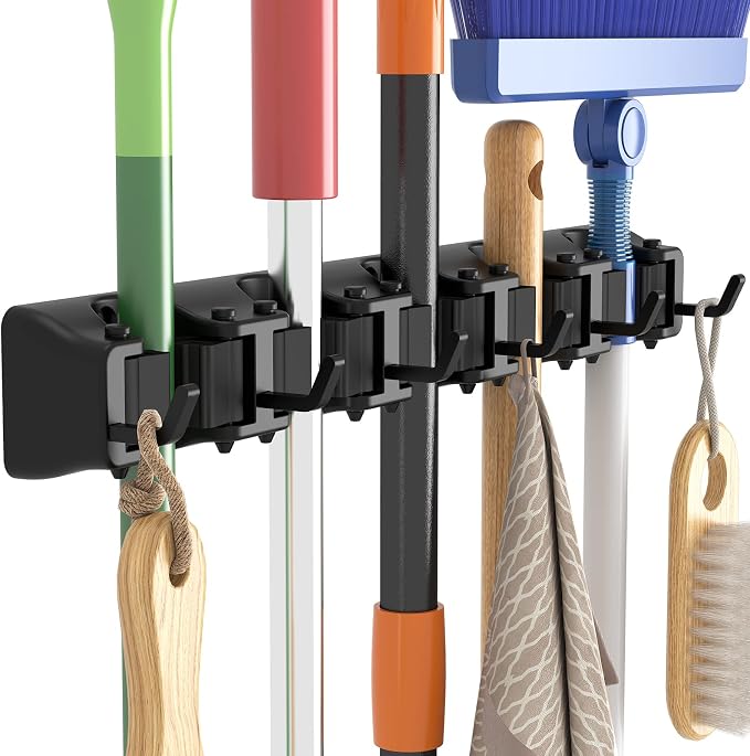 Lifewit Mop and Broom Holder Organzier Wall Hanging Mount, Black, 1 Pack | Anti-Slip Broom Storage for Cleaning Organizer, Easy Install Tool Hanging Rack with 5 slots & 6 hooks for Kitchen, Garage by Lifewit