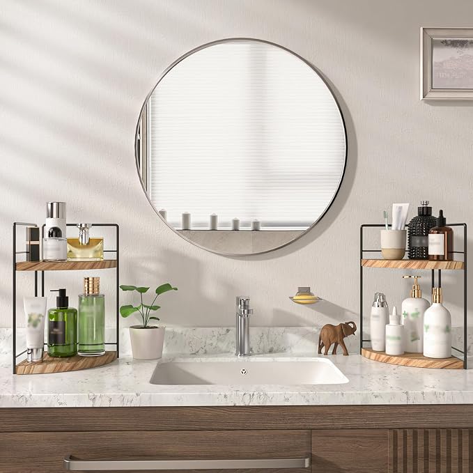 2 Pack Bathroom Counter Organizer, 2 Tier Corner Bathroom Counter Organizer Wooden Double Vanity Organizers for for Double Sink Organizers and Kitchen Storage Dresser Decoration - Image 6