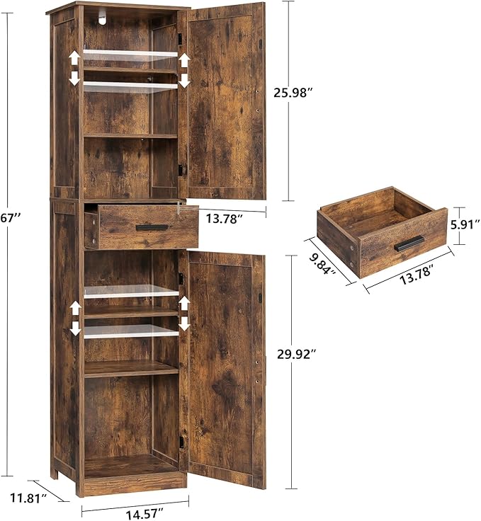 usikey 67'' Tall Storage Cabinet with Adjustable Shelves & 2 Doors, Bathroom Cabinet with 1 Drawer, Narrow Tall Cabinets for Living Room, Home Office, Rustic Brown - Image 3