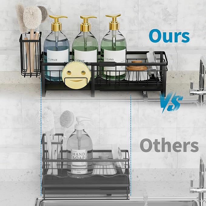 Extra Large Extendable Sponge Holder for Kitchen Sink Caddy Organizer | Rustproof Sink Caddy Organizer with High Brush Holder, Dish Soap Dispenser Organizers and Storage (Black) - Image 2