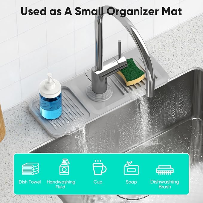 14.6'' Faucet Mat for Kitchen Sink [5°Slope Fast Self-draining] Kitchen Sink Splash Guard Silicone Kitchen Sink Faucet Mat Splash Guard for Kitchen Sink Area Faucet Guard Draining Mat Light Gray - Image 7