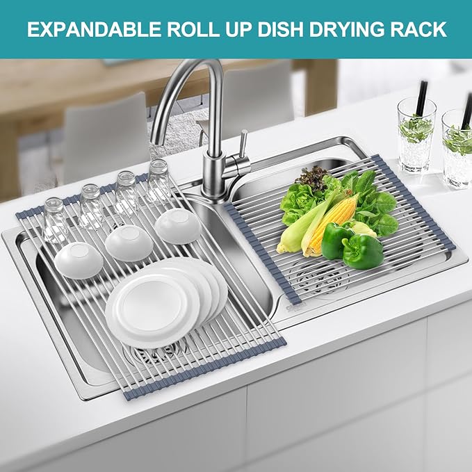 BBXTYLY Extra Large Expandable Roll Up Dish Drying Rack,Over The Sink Drying Rack Sink Cover Kitchen Sink Accessories Kitchen Rolling up Stainless Steel Drainer, Foldable,Rollable（Gray，22.8'-17.3''） - Image 3