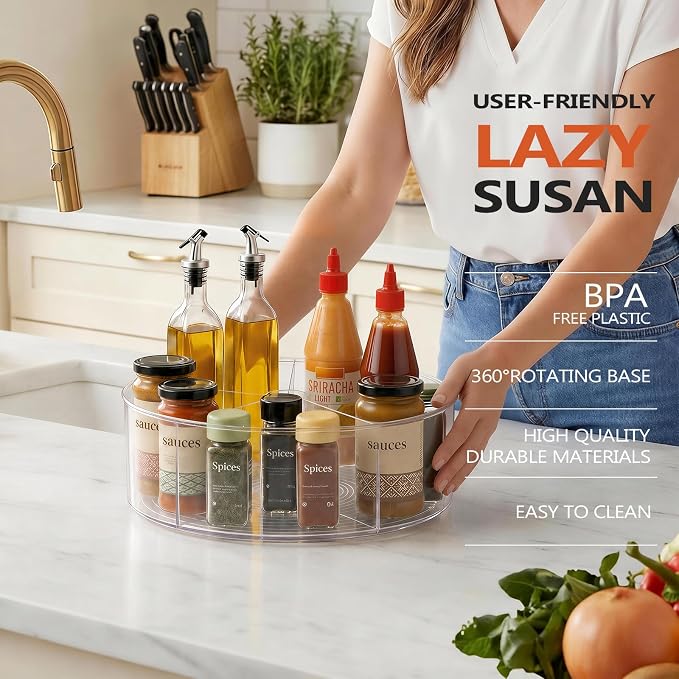 Divided Lazy Susan Turntable Organizer, 11.5" Clear Round Lazy Susan | Rotating Turntable Organizer, Plastic Lazy Susan Turntable, Rotating Storage Container Tray for Pantry, Fridge and Kitchen - Image 3