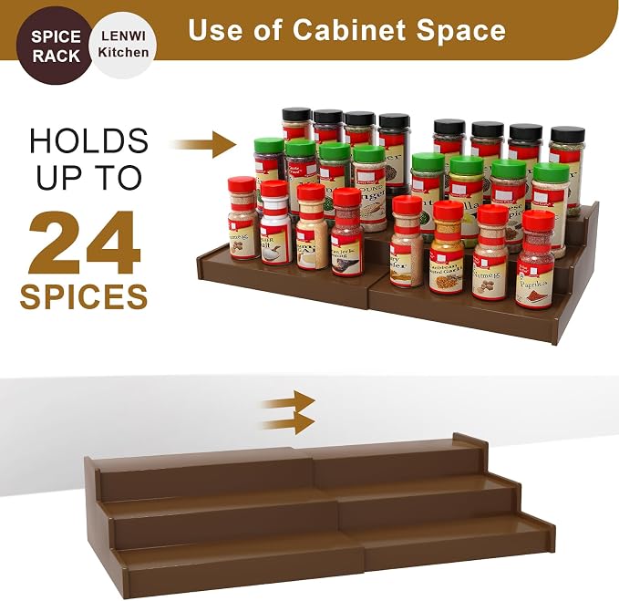 Lenwi Spice Rack Organizer for Cabinet, 3 Tier Expandable Bamboo Spice Storage for Kitchen Cupboard Pantry, Brown - Image 3