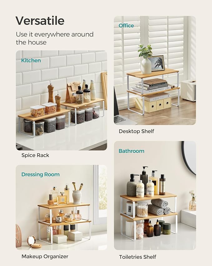 SONGMICS Cabinet Organizer Shelf, Set of 2 Spice Rack, Kitchen Storage | Kitchen Counter Storage Spice Rack, Steel, Bamboo, Light Bamboo and Matte White, BYSTRO Collection UKCS200W01 - Image 3