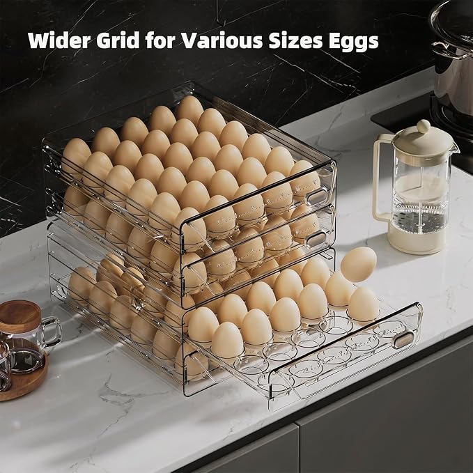 HIYOHIYO 2-Tier Clear 24 Grid Egg Container for Refrigerator, With Drawers | Large Capacity, with Time Scale Marking, Stackable, Sturdy Eggs Storage for Fridge and Countertop - Image 5