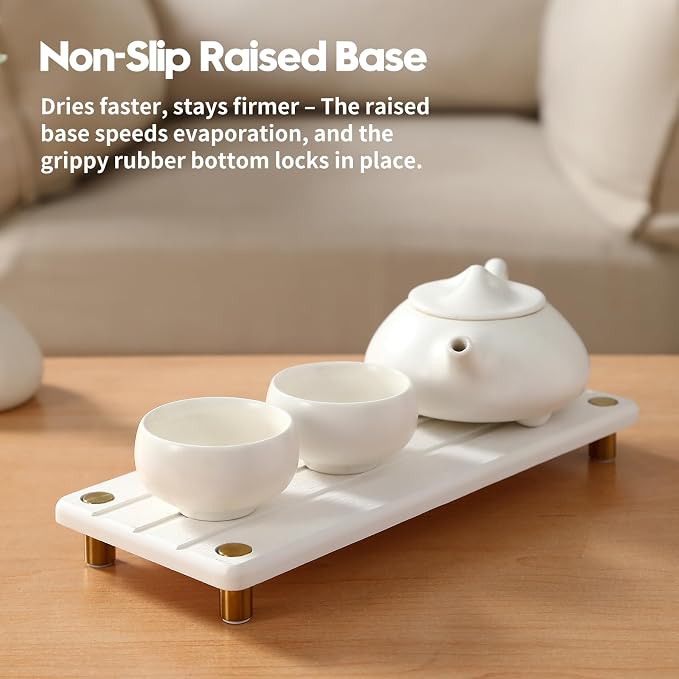 Instant Dry Sink Caddy Kitchen Sink Organizer, Quick Drying Diatomaceous Earth Stone Sink Tray Sponge Holder Soap Dish, Bathroom Countertop Vanity Dispenser Toothbrush, Gold White, 10" x 4" - Image 5
