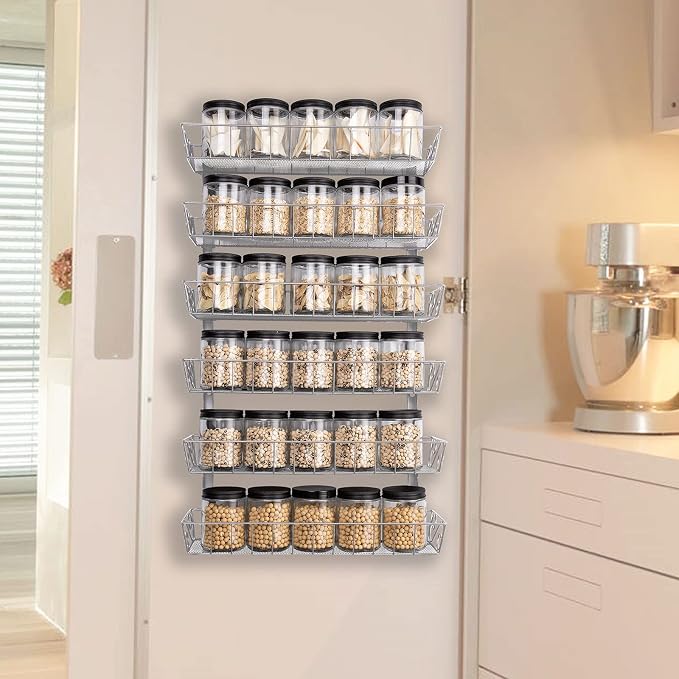 SWOMMOLY Wall Mount Spice Rack Organizer, 6-Tier Adjustable Dual-Use Shelf | Hanging Spice Rack Organizer, Kitchen Pantry Cabinet Storage Holder for Spices, Mason Jars, Bottles & Cans, Silver - Image 6