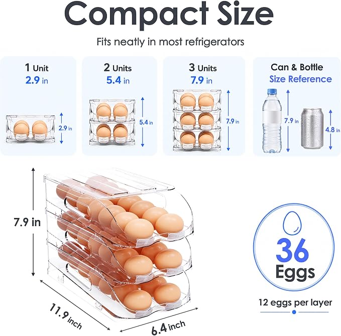 SMRCAD 36-Egg Dispenser with Silicone Bumpers, Auto-Rolling, Stackable | BPA-free food-grade PET | Stackable with lid | Built-in handle | Fits Large to Jumbo Eggs | Hand wash only - Image 5