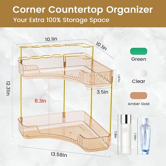 Makeup Organizer 2-Tier Bathroom Counter Organizer with Makeup Brush Holder | Corner Bathroom Organizer Countertop, Acrylic Counter Storage for Bathroom Dresser, Skincare Perfume Organizer-Amber Gold - Image 3
