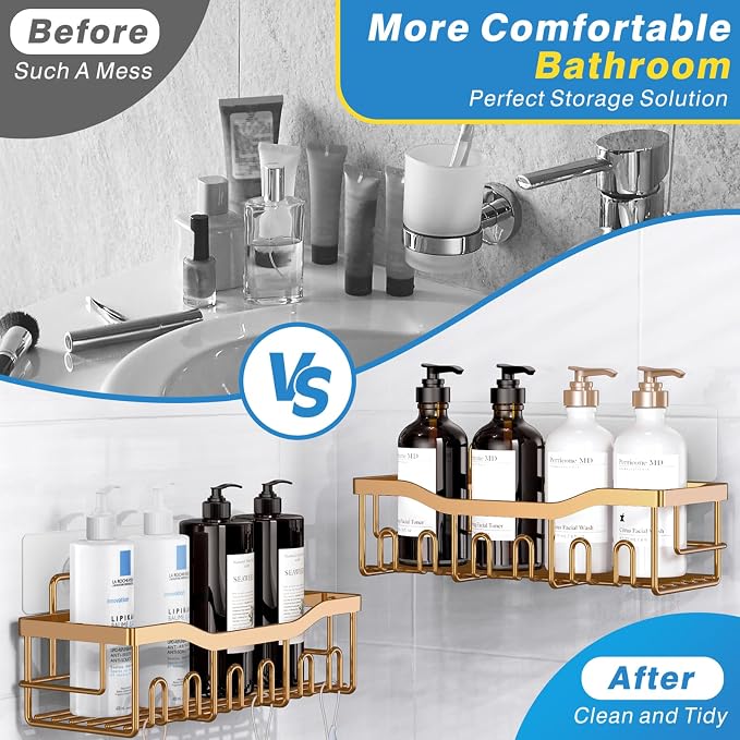 EUDELE Shower Caddy 2 Pack, Adhesive Organizer for Bathroom Storage, Home Decor & Kitchen, No Drilling, Rustproof Stainless Steel Shelf, Bathroom Decor Sets - Image 3