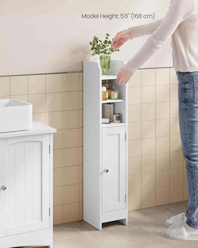 VASAGLE Small Storage Corner Floor Cabinet with Door, 7.9 x 7.1 x 36.2 Inches, Narrow Toilet Paper Storage Holder, Adjustable Shelves, for Bathroom, Living Room, Small Spaces, Cloud White UBBC311W01 - Image 9