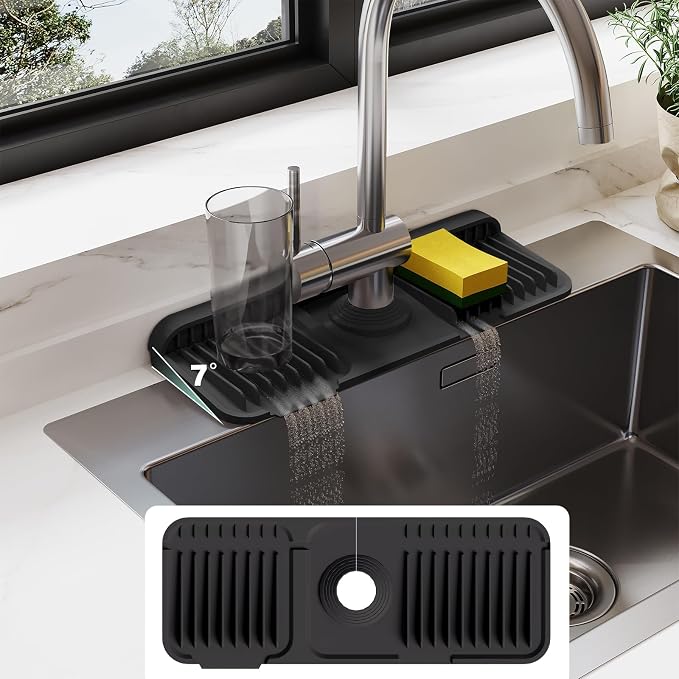 14.6-Inch Silicone Faucet Mat for Kitchen Sink Splash Guard, 7° Slope | 14.6"x5.5" water draining mat with fasten button; 1.6-2.75" customizable hole for bathroom, RV & kitchen sink drip catcher. by Doeklpo