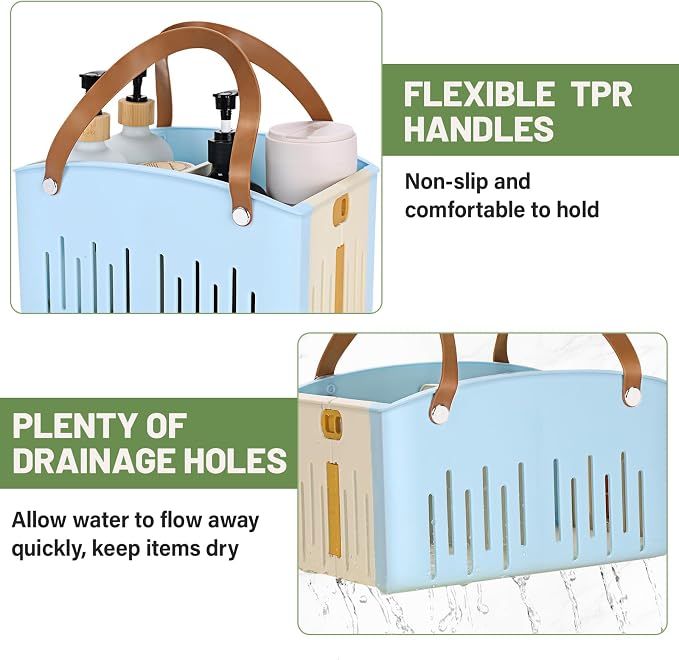 Portable Shower Caddy Collapsible Plastic Shower Basket Tote with Handles Removable Divider, Cleaning Caddy Storage Organizer for Bathroom College Dorm (Blue) - Image 3